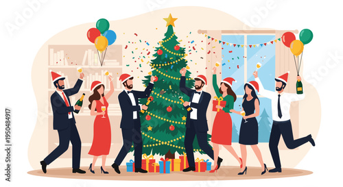 Group of elegantly dressed friends celebrates a festive Christmas party around a decorated tree with champagne, balloons, and joyful smiles.