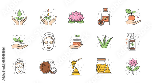 Set of colorful icons represents various natural beauty and wellness treatments including face masks, herbal oils, and soothing spa elements.