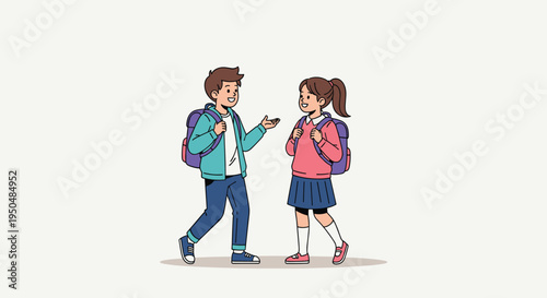 Two students, a boy and a girl, are walking together with backpacks while engaged in a friendly conversation on their way to or from school.