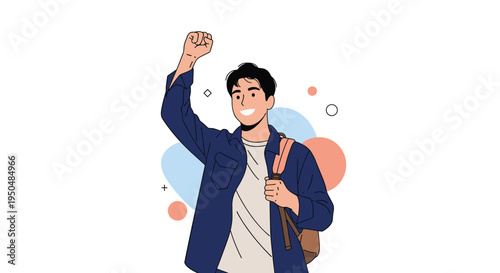 Motivated young student with a backpack raises his fist in a gesture of triumph and success against a background with colorful abstract shapes.