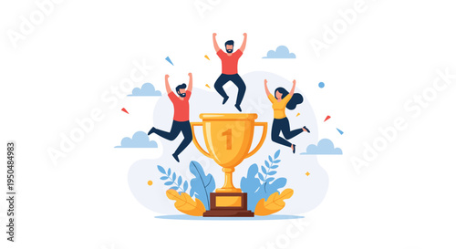 Group of three diverse people jumps with extreme joy and excitement around a giant golden trophy to celebrate a major victory or achievement.