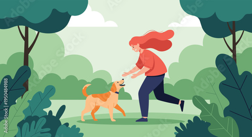 Energetic woman with long red hair runs and plays with her happy dog in a lush green park filled with trees and soft sunlight during the day.