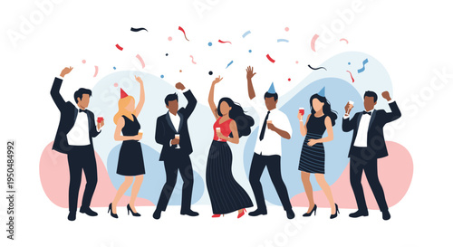 Elegantly dressed men and women celebrate a glamorous party with champagne, confetti, and joyful dancing against a stylized background scene.