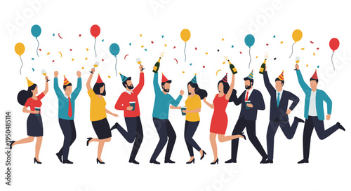 Large group of happy friends wearing colorful party hats celebrates a special occasion with drinks, confetti, and balloons in a festive scene.
