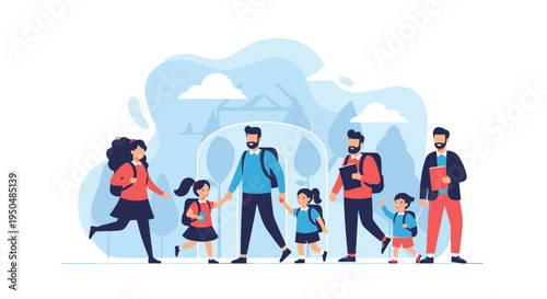 Group of diverse fathers and mothers walk their young children to school on a sunny day in a heartwarming scene of family life and education.