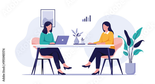 Two professional women sit opposite each other at a long table and work on their laptops in a clean and modern office with a minimalist feel.