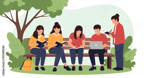Group of dedicated students sits on a park bench under a large tree to study together using books, notebooks, and a laptop in the fresh air.