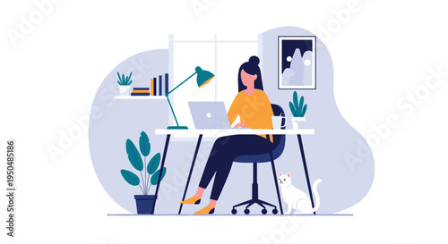 Creative woman works on her laptop at a desk in a cozy home office featuring a desk lamp, indoor plants, and a white cat sitting on the floor.