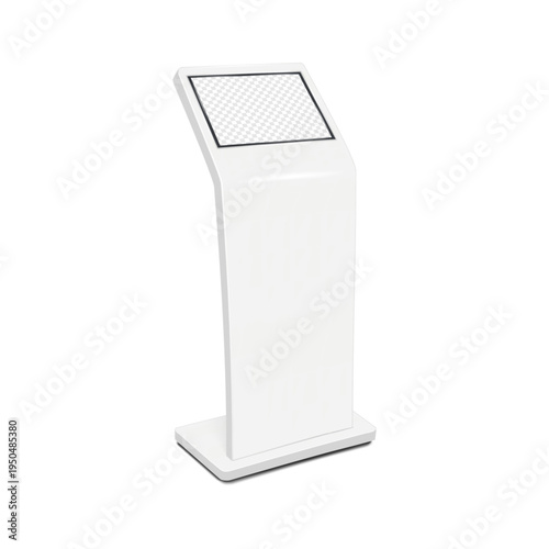Touch screen self-service digital kiosk. 3d mockup. Interactive display stand. Touchscreen LED LCD monitor panel. Realistic vector mock-up. Template for design