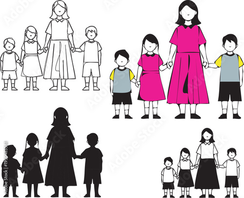 Mother standing with children holding hands showing family love care protection and unity concept illustration