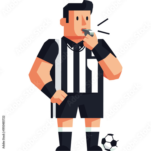 Referee blows whistle during soccer match with ball nearby