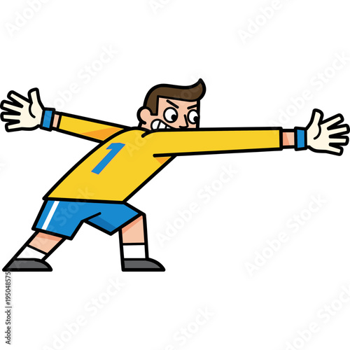 A soccer player in a yellow jersey stretches out his arms while defending.