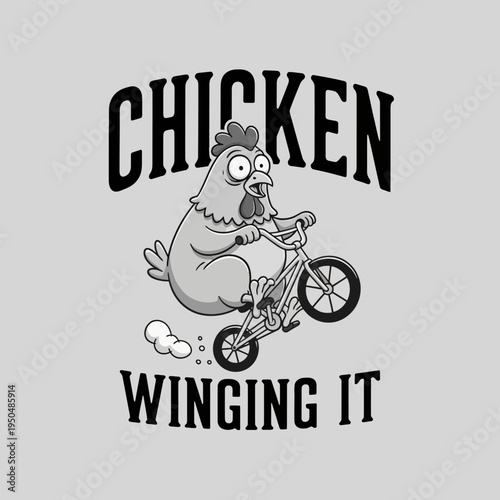 chicken riding bicycle with wings.