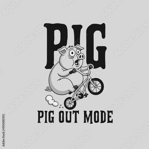 Cartoon pig riding bicycle fast.