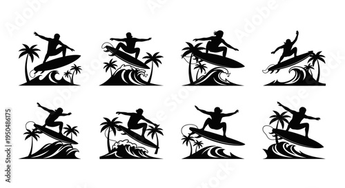 Eight surfing silhouettes with palm trees on transparent background