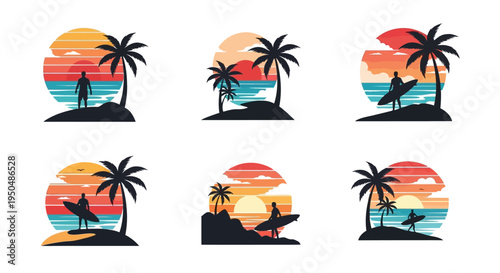 Bilde på lerret Tropical sunset beach scenes with surfers ideal for design on transparent backgr