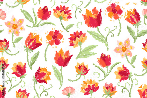 Embroidery seamless pattern with bright flowerson white background. Endless print with beautiful floral motifs. 