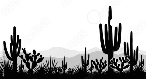 Desert landscape silhouette featuring cacti mountains and a bright sun