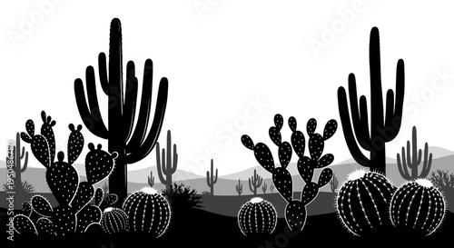 Desert landscape illustration silhouettes of cacti and mountain range