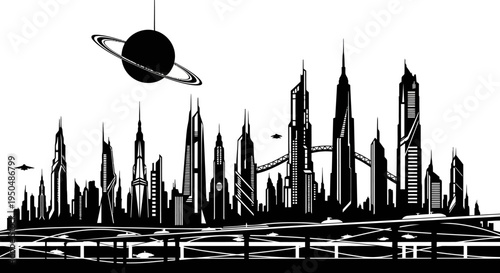 Futuristic cityscape silhouette with planetary elements and modern architecture