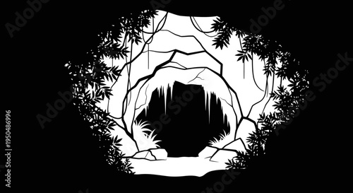 Cave entrance silhouette with vegetation illustration for adventure concept