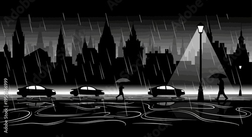 Rainy city scene silhouetted cars and pedestrians under streetlights