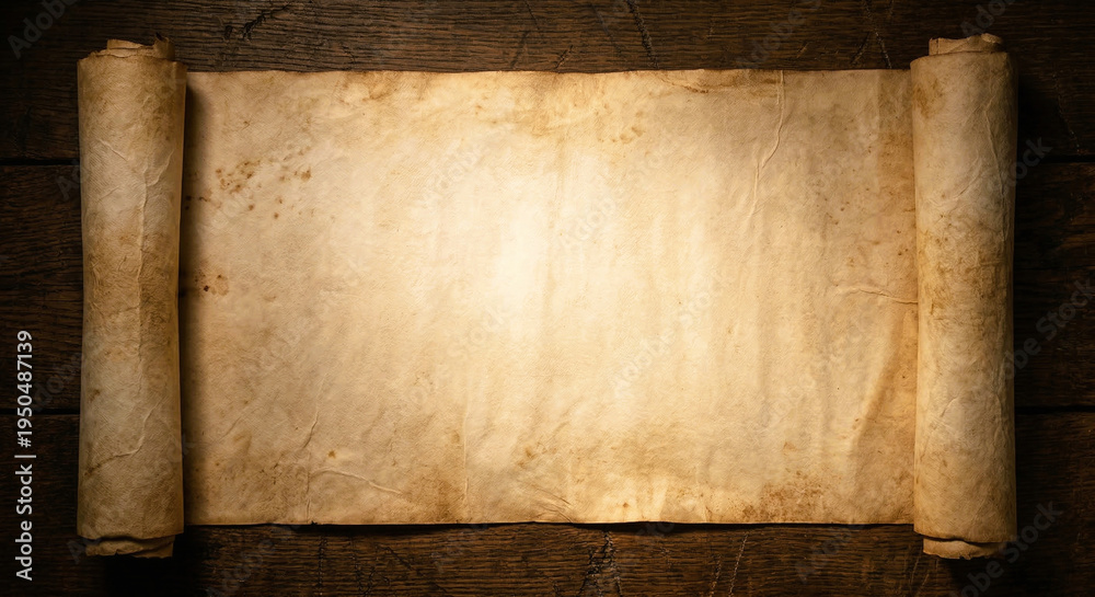 Fototapeta premium Blank Antique Scroll Unrolled Resting on Dark Wooden Planks