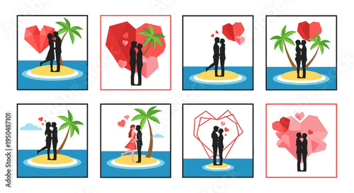 Romantic couple silhouettes on a tropical island multiple variations on transparent background