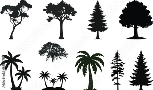 Tree silhouette vector set includes various tree types, palm, oak, and more. Perfect for nature designs, landscaping, and botanical illustrations