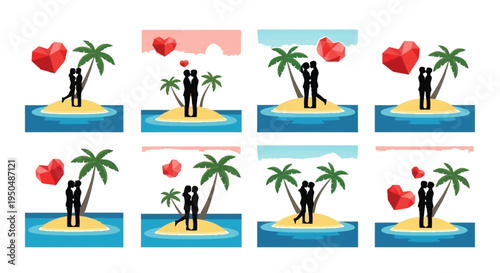 Tropical island couple silhouettes in repeating pattern on transparent background