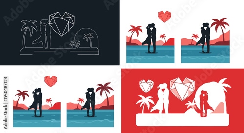 Romantic couple silhouettes with tropical scenes on transparent background