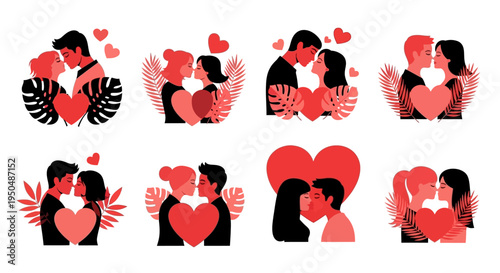 Romantic couples in silhouette with hearts and tropical leaves on transparent background