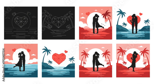Romantic couple silhouettes with tropical backgrounds on transparent background