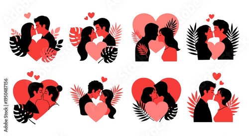 Romantic couple silhouettes with hearts and foliage on transparent background