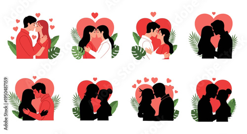 Romantic couples in love with floral elements on transparent background silhouette