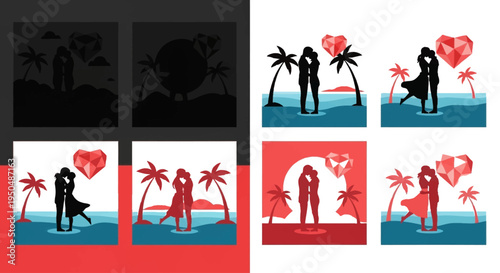 Romantic couple silhouettes on a beach four variations on transparent background