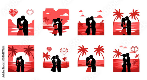 Romantic couples embracing in tropical scenes a beautiful silhouette on transparent background