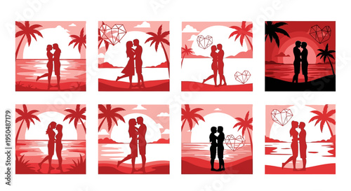 Romantic couple silhouettes against tropical sunsets on transparent background