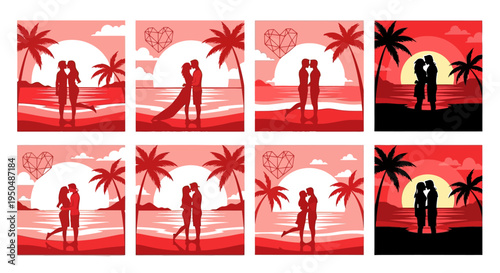 Romantic couples silhouetted against tropical sunsets on transparent background