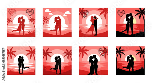 Romantic couples embracing at sunset a collection on transparent background silhouette