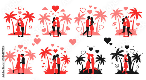 Tropical romance scenes featuring couples ideal for designs on transparent background silhouette