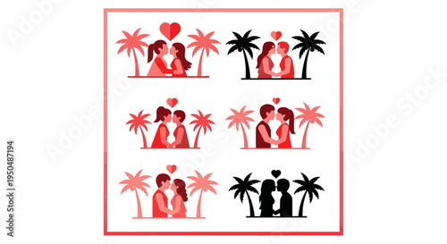 Romantic couples enjoying tropical scenes variations on transparent background silhouette