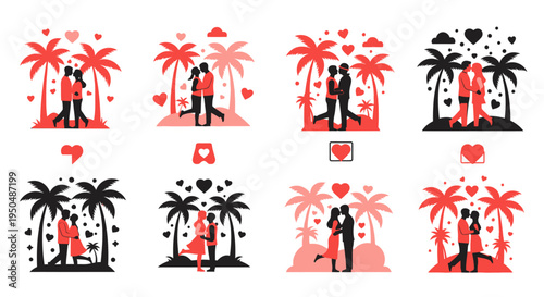 Romantic couples embracing under palm trees a repeating pattern silhouette on transparent background
