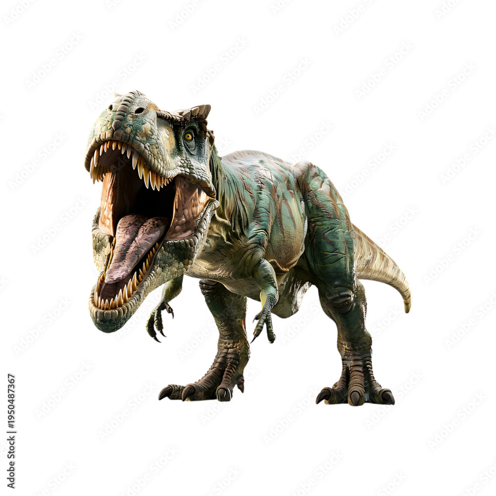 Fototapeta premium A green tyrannosaurus rex dinosaur standing isolated on transparent background with mouth open