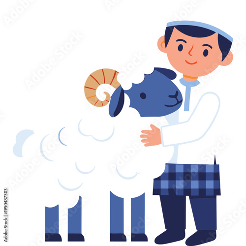 A boy in a kilt hugs and smiles at a sheep with a brown horn.