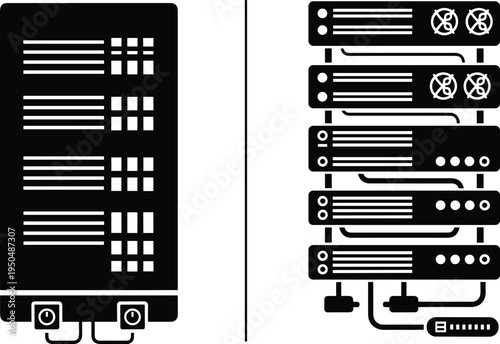Data center server rack icons set, network database storage hardware silhouettes isolated black vector illustration for cloud computing technology