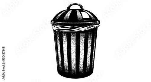 Black and white illustration of a striped trash can on white background