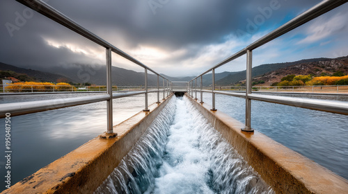 Wallpaper Mural Top perspective of wastewater treatment facility basin with flowing water and concrete rails for industrial background and environmental infrastructure design Torontodigital.ca