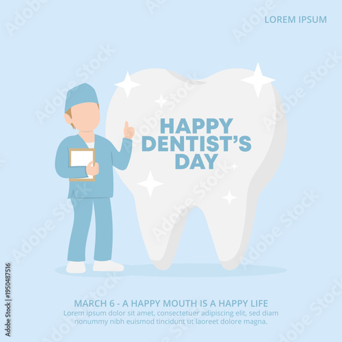 Happy Dentist's Day Design with A Dentist Character and Large Shiny White Tooth