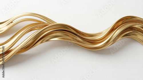 Abstract golden metallic ribbons flowing in smooth, winding curves across a clean white background